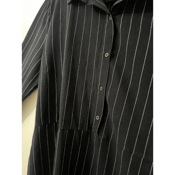 Umgee USA Black Pinstripe Cotton Shirt Dress Raw Frayed Hem Small A4505 - Picture 3 of 7